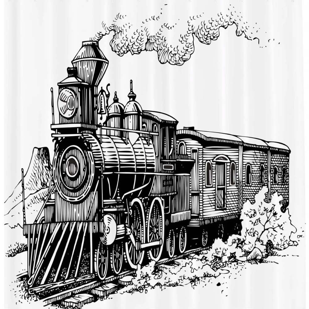 Steam Engine Shower Curtain Rustic Old Train w/12 Train Hooks 70 Inches Long